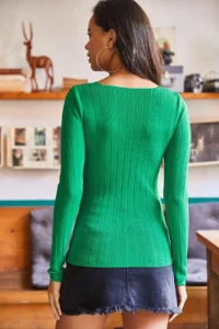 Olalook Women's Green Square Collar Thick Ribbed Knitwear Sweater - Image 2