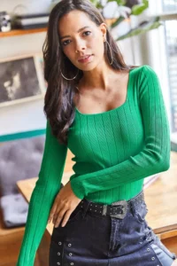 Olalook Women's Green Square Collar Thick Ribbed Knitwear Sweater - Image 3