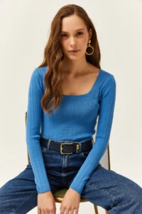 Olalook Women's Indigo Square Collar Thick Ribbed Knitwear Blouse - Image 2