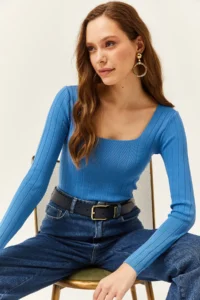 Olalook Women's Indigo Square Collar Thick Ribbed Knitwear Blouse - Image 3