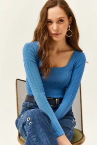 Olalook Women's Indigo Square Collar Thick Ribbed Knitwear Blouse - Image 4