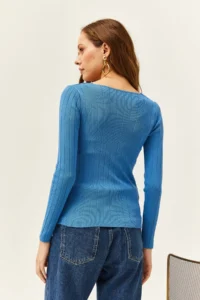 Olalook Women's Indigo Square Collar Thick Ribbed Knitwear Blouse - Image 5