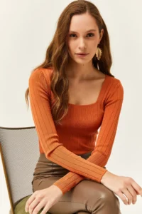 Olalook Women's Onion Skin Square Collar Thick Ribbed Knitwear Blouse - Image 3