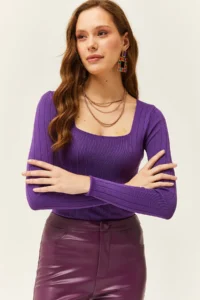 Olalook Women's Purple Square Collar Thick Ribbed Knitwear Blouse - Image 2