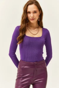 Olalook Women's Purple Square Collar Thick Ribbed Knitwear Blouse - Image 3