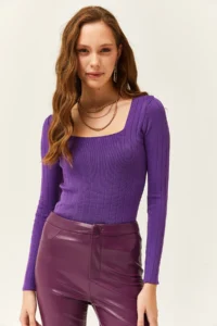 Olalook Women's Purple Square Collar Thick Ribbed Knitwear Blouse - Image 4