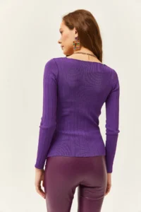 Olalook Women's Purple Square Collar Thick Ribbed Knitwear Blouse - Image 5
