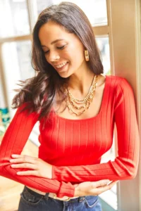 Olalook Women's Red Square Collar Thick Ribbed Knitwear Sweater - Image 3