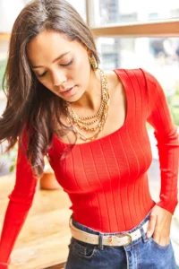 Olalook Women's Red Square Collar Thick Ribbed Knitwear Sweater - Image 4