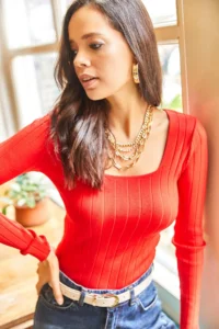 Olalook Women's Red Square Collar Thick Ribbed Knitwear Sweater - Image 5