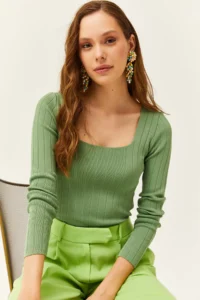 Olalook Women's Green Square Collar Thick Ribbed Knitwear Blouse - Image 3