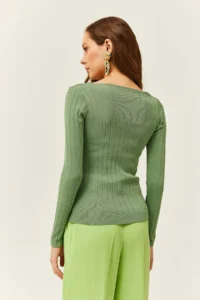 Olalook Women's Green Square Collar Thick Ribbed Knitwear Blouse - Image 5