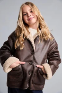 DeFacto V-Neck Plush Lined Suede Look Button Coat Girl Child - Image 2