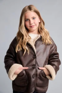 DeFacto V-Neck Plush Lined Suede Look Button Coat Girl Child - Image 3