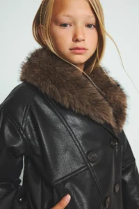 DeFacto Faux Fur Double Breasted V-Neck Leather Jacket Girls - Image 3