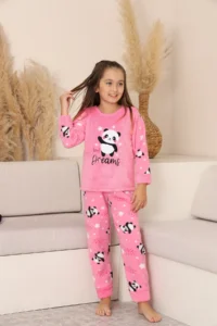 KAPİKİDS Warm, Anti-Sweat, Panda Embroidered, Welsoft, Polar Girls' Pajama Set - Image 3