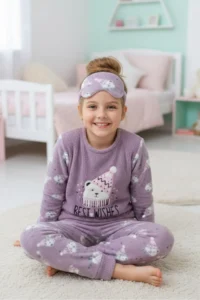 KAPİKİDS Warm, Anti-Sweat, Teddy Bear Embroidered, Welsoft, Polar Girls' Pajama Set