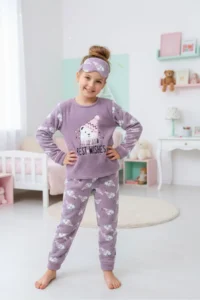 KAPİKİDS Warm, Anti-Sweat, Teddy Bear Embroidered, Welsoft, Polar Girls' Pajama Set - Image 2