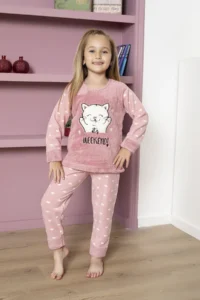 KAPİKİDS KAPİ KİDS Long Sleeve Weekend Cat Powder Color Girls Fleece Children's Pajama Set - Image 2