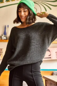 Olalook Women's Anthracite Selanik Loose Knitwear Sweater