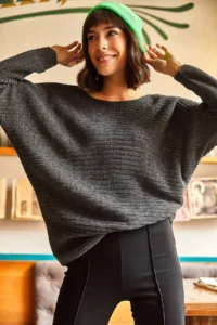 Olalook Women's Anthracite Selanik Loose Knitwear Sweater - Image 2