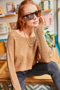 Olalook Women's Brown Selanik Loose Knitwear Sweater - Image 2