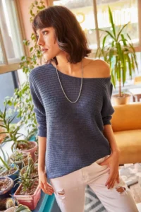 Olalook Women's Indigo Selanik Loose Knitwear Sweater - Image 3