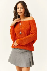Olalook Women's Orange Thessaloniki Loose Knitwear Sweater - Image 3