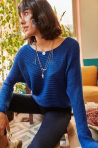 Olalook Women's Saks Blue Thessaloniki Loose Knitwear Sweater - Image 3