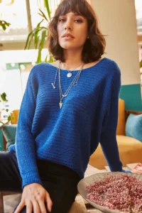 Olalook Women's Saks Blue Thessaloniki Loose Knitwear Sweater - Image 4