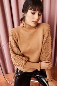 Olalook Women's Milk Coffee Sleeve Detailed Soft Textured Knitwear Sweater - Image 2