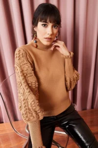 Olalook Women's Milk Coffee Sleeve Detailed Soft Textured Knitwear Sweater - Image 3