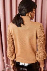 Olalook Women's Milk Coffee Sleeve Detailed Soft Textured Knitwear Sweater - Image 4