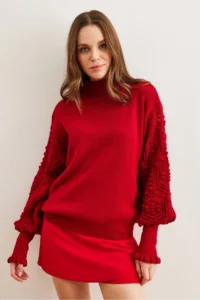 Olalook Women's Red Sleeve Detailed Soft Textured Knitwear Sweater - Image 2