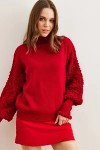 Olalook Women's Red Sleeve Detailed Soft Textured Knitwear Sweater - Image 3