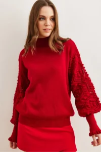 Olalook Women's Red Sleeve Detailed Soft Textured Knitwear Sweater - Image 4