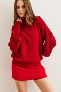Olalook Women's Red Sleeve Detailed Soft Textured Knitwear Sweater - Image 5