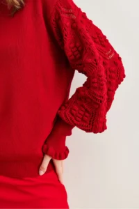 Olalook Women's Red Sleeve Detailed Soft Textured Knitwear Sweater - Image 6