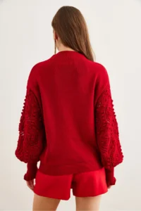 Olalook Women's Red Sleeve Detailed Soft Textured Knitwear Sweater - Image 7