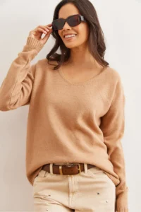 Olalook Women's Biscuit V-Neck Soft Textured Knitwear Sweater