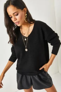 Olalook Women's Black V-Neck Soft Textured Knitwear Sweater - Image 2