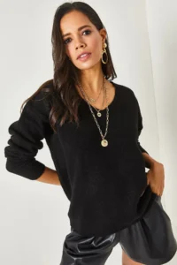 Olalook Women's Black V-Neck Soft Textured Knitwear Sweater - Image 3