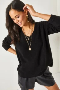 Olalook Women's Black V-Neck Soft Textured Knitwear Sweater - Image 4