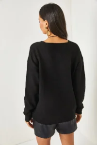 Olalook Women's Black V-Neck Soft Textured Knitwear Sweater - Image 5