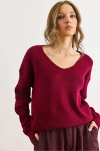 Olalook Women's Burgundy V-Neck Soft Textured Knitwear Sweater