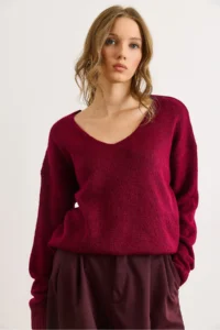 Olalook Women's Burgundy V-Neck Soft Textured Knitwear Sweater - Image 2