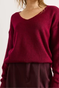 Olalook Women's Burgundy V-Neck Soft Textured Knitwear Sweater - Image 4