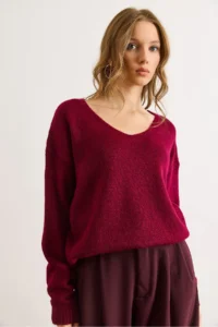 Olalook Women's Burgundy V-Neck Soft Textured Knitwear Sweater - Image 5