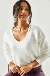 Olalook Women's Ecru V-Neck Soft Textured Knitwear Sweater - Image 4