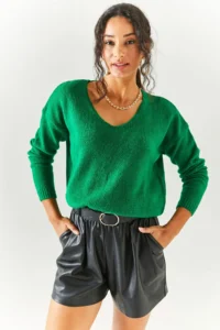 Olalook Women's Grass Green V-Neck Soft Textured Knitwear Sweater - Image 2